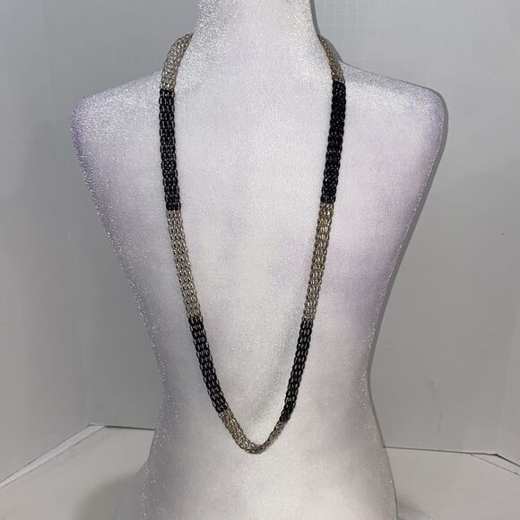 Black Silver Tone Bicolor Multi Strand Layered Necklace Multi Style Chain - Picture 8 of 10